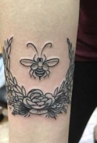 Schoolgirl arm on black simple lines plant flowers and bee tattoo pictures