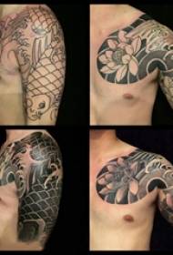 Moška študentska roka na pol tetovaže na vzorcu tatoo s lignji, pol tatina