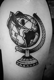 Schoolboy arm on black pricking technique geometric element globe tattoo picture