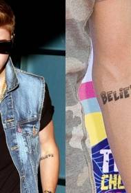 Justin Bieber Arm angļu vēstules tetovējums