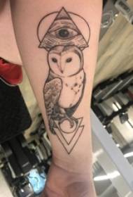 Βραχίονα του κοριτσιού σε μαύρο γκρι σημείο τατουάζ γεωμετρική γραμμή ματιών θεού και κουκουβάγια εικόνα τατουάζ