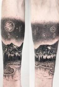 Tattoo scenery, male student's arm, black landscape scenery, tattoo picture
