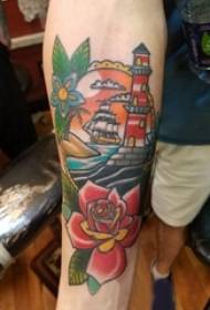 Tatovering fyr mandlige studerende arm på farverige tatovering fyrtårn billede