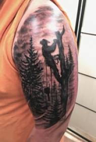Braccio del ragazzo sul punto di schizzo grigio nero tecnica della spina paesaggio letterario bella immagine del tatuaggio