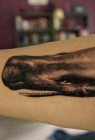 O brazo do neno sobre unha tatuaxe de balea de pequenas animais de liña simple picada en liña negra