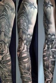 Băieții brațe pe negru schiță Sfaturi Sting clădire clasică Big Ben floare braț Tatuaj Imagine