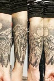 Boy's arm op swartgrys skets punt doring tegniek pragtige landskap tatoeëermerk prentjie