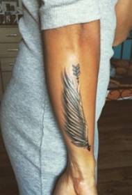 Girl's arm on black gray sketch creative literary feather tattoo picture