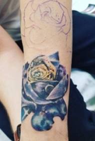 Girl's arm painted on gradient starry sky element simple line flower tattoo picture
