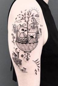 Mergaitės rankos juodos linijos geometrinis elementas kūrybingas dangaus miesto tatuiruotės paveikslėlis