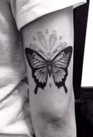 Berniuko ranka ant juodos tikroviškos mažų gyvūnų drugelio tatuiruotės nuotraukos