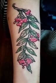 Brazo de colegiala pintado en líneas simples de degradado, hojas de plantas e imágenes de tatuajes de frutas
