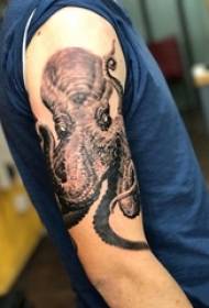 Pojan käsivarsi mustalla harmaalla luonnoksella piikki taito hallitseva mustekala tatuointi kuvaa