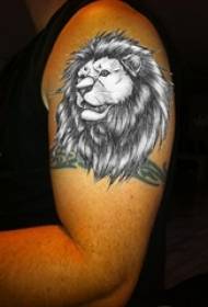 Braccio da ragazzo su immagine di tatuaggio di leone prepotente di trucco spinoso di punto di schizzo grigio nero