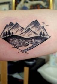 Brazo de colegial en espina de punto negro imagen de tatuaje de paisaje de línea abstracta simple paisaje