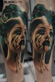 New genre colored leg mysterious woman tattoo pattern