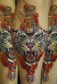 Нога новая школа стиль цветной белый тигр тату