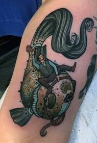 ногі афарбаваны смешным чалавекам верхам на малюнку татуіроўкі рыб