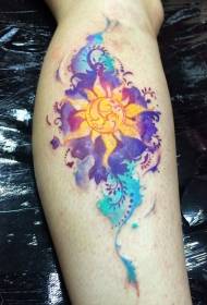 Kojos iliustracijos stiliaus spalvotas hindu stiliaus saulės tatuiruotė