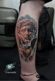 Leg color stone style colored Jesus statue tattoo