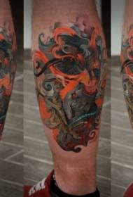 Leg ng ilustrasyon ng estilo ng kulay demonyo leopardo tattoo