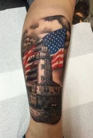 Tatuaggio realistico del grande faro a colori in stile new school di gamba