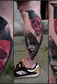 Moderni tyyli värikkäitä naisten muotokuva varis tatuointi