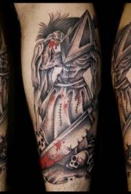 Leg colored bloody sword and skull tattoo pictures