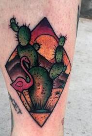 Gamba fenicottero colorato stile new school con tatuaggio cactus