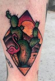 Leg nieuwe schoolstijl gekleurde flamingo met cactustattoo