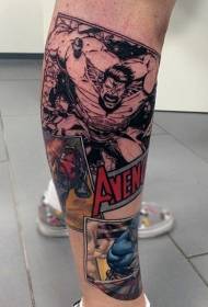 Várias tatuagens de heróis no tema cômico de cor de perna