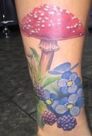 Mädchen Kalb auf gemalten Farbverlauf einfache Linien kleine frische Pflanzen und Blumen Tattoo Bilder