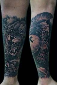 Gamba guerriera divertente marrone con foto tatuaggio leone