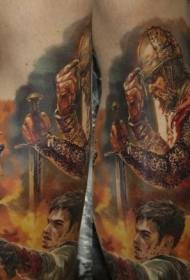 Medieval knight tattoo in leg realism style