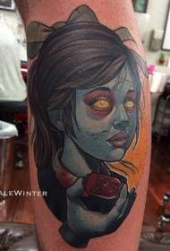 leg old style stylized color zombie girl portrait tattoo