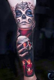 腿部墨西哥传统彩色恐怖女巫纹身