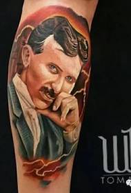 Colori il tatuaggio del ritratto di Nikola Tesla nello stile dell'illustrazione della gamba
