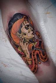 Tatuaggio per uomo e serpente colorato gamba stile new school