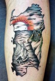 Peschereccio mappa braccio dipinto e tatuaggio marino