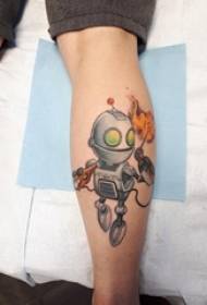 boys calf painted on the gradient simple line flame And robot tattoo pictures