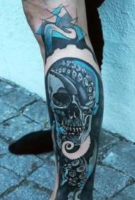 Leg color skull stylized octopus tattoo