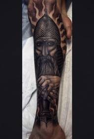 腿部黑棕色雕刻风格中世纪战士纹身