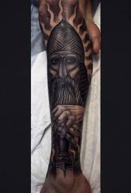Tatuaggio guerriero medievale stile incisione marrone nero gamba