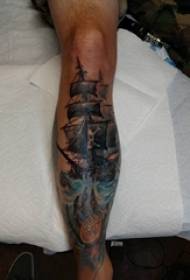 European and American calf tattoo boys shank colored pirate ship tattoo pictures