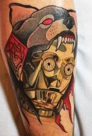 Tatuagem perna cor capacete estilizado C3PO lobo diabo