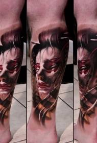 leg color New school style demon geisha tattoo