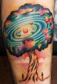 Leg color sun starry tree tattoo pattern