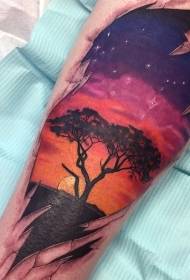 Ноги чудового кольору самотнього дерева з татуюванням захід сонця