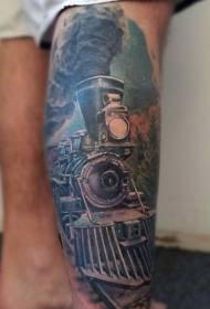 Legs color realistic old steam train tattoo