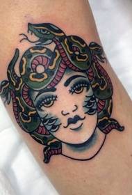 Tatuaje de serpiente de medusa de color de la vieja escuela estilo de pierna
